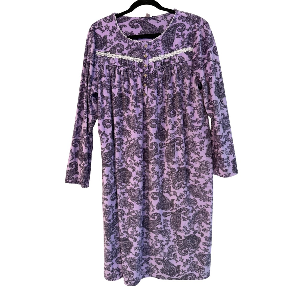 Secret Treasures Nightgown Womens XL Purple Paisley Fleece Long Sleeve Lace Trim